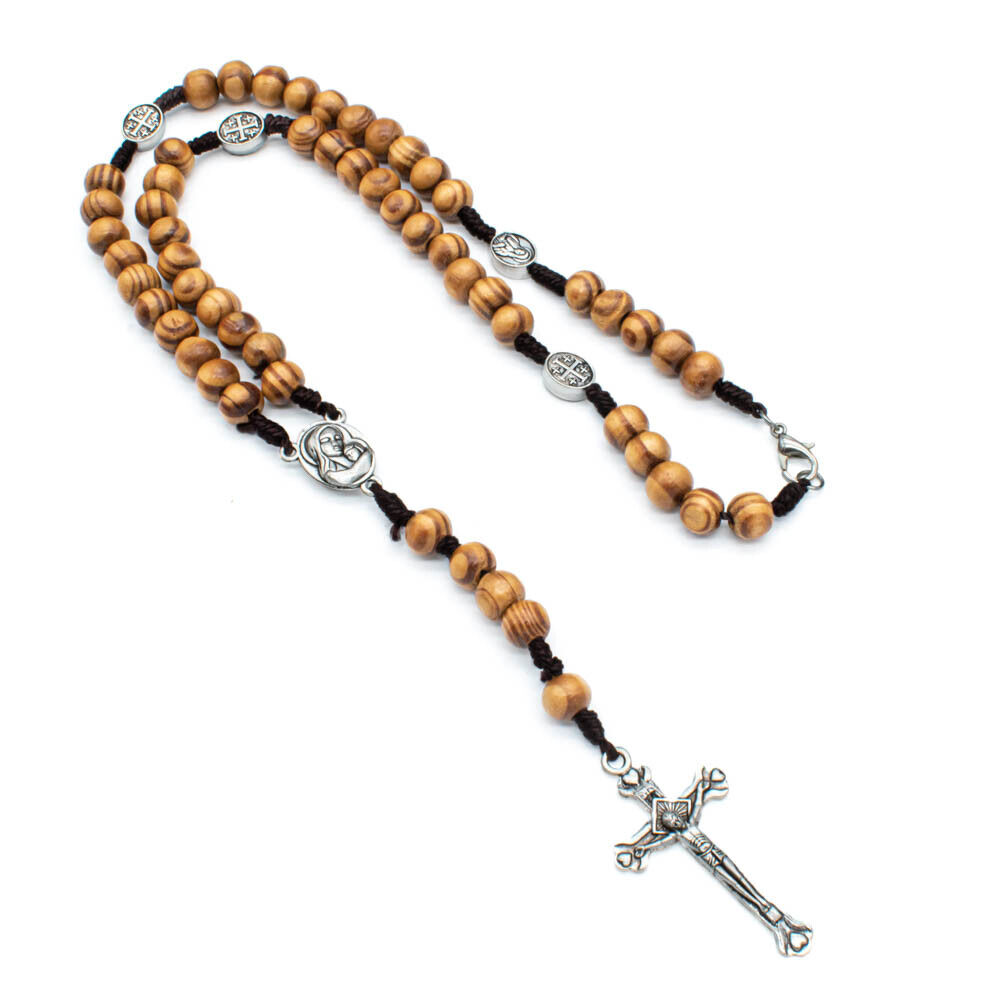 Catholic Wood Rosary Beads Cord Necklace w Jerusalem Holy Soil Center And Clasp