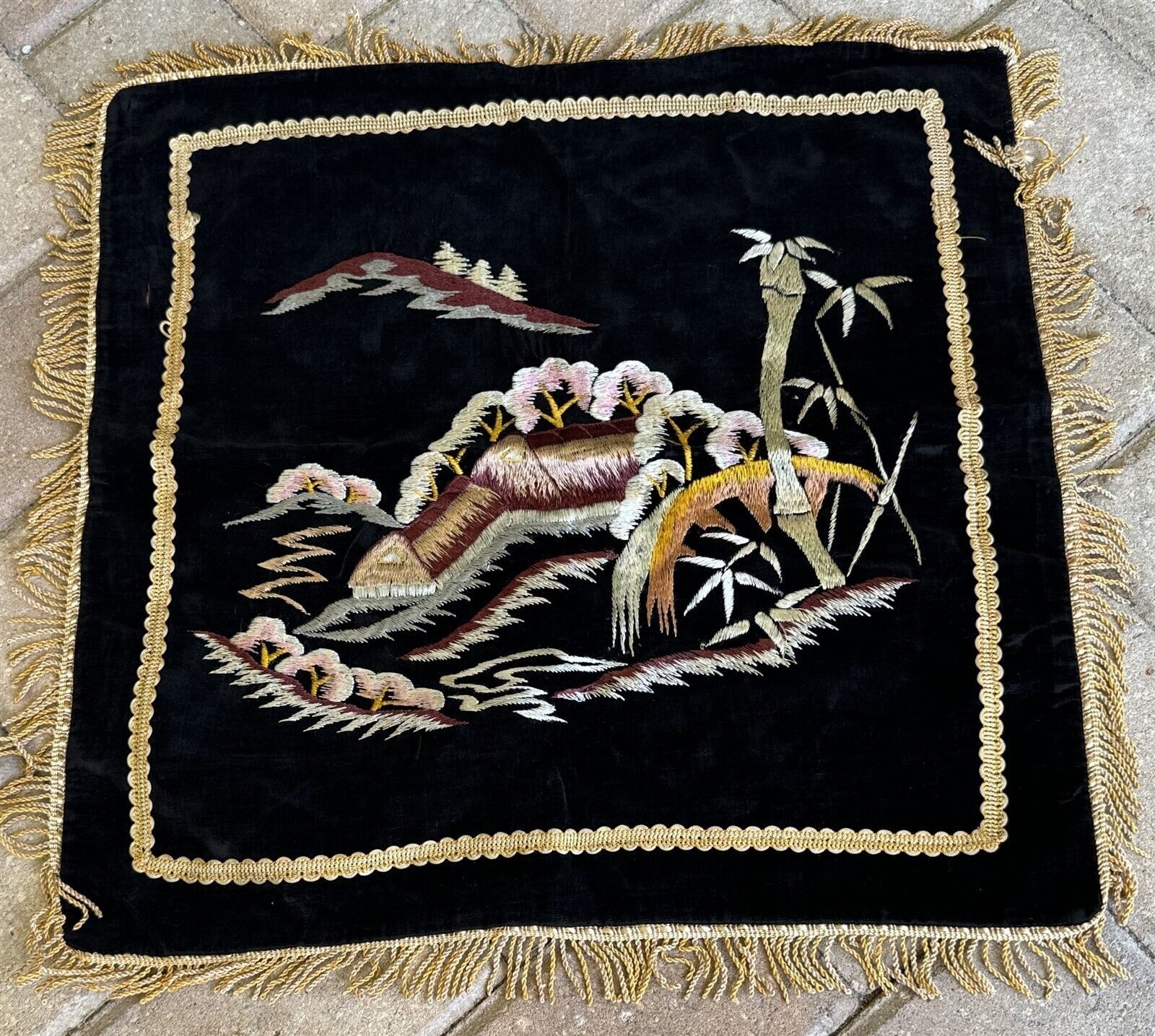 Vintage Japanese Thread Embroidery Pillow Case Sham - Landscape Hills & Trees