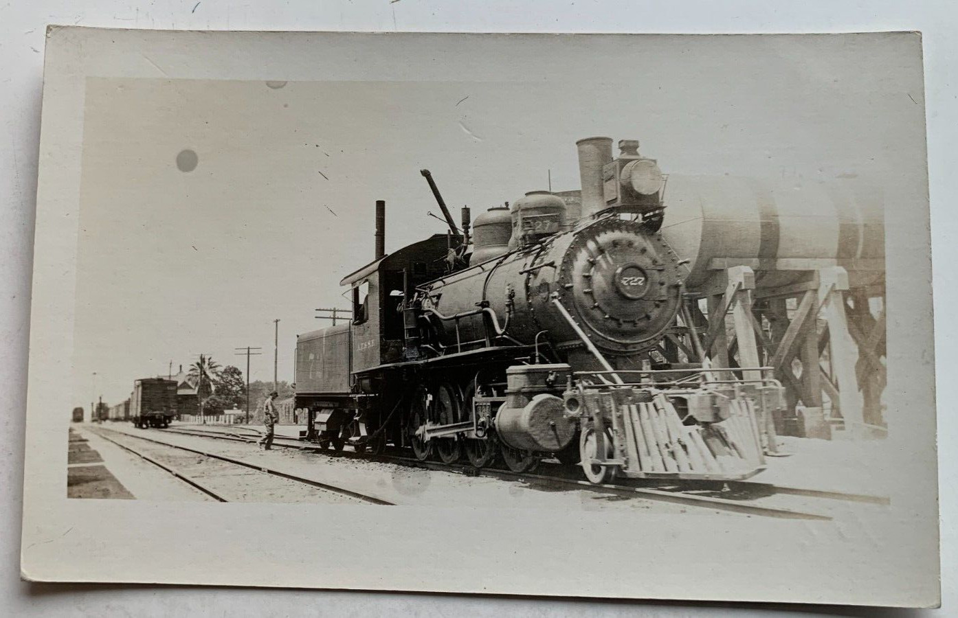 1916 RR RPPC Postcard ATSF Sante Fe Railroad 2-8-0 Engine #727 Oceanside CA AZO
