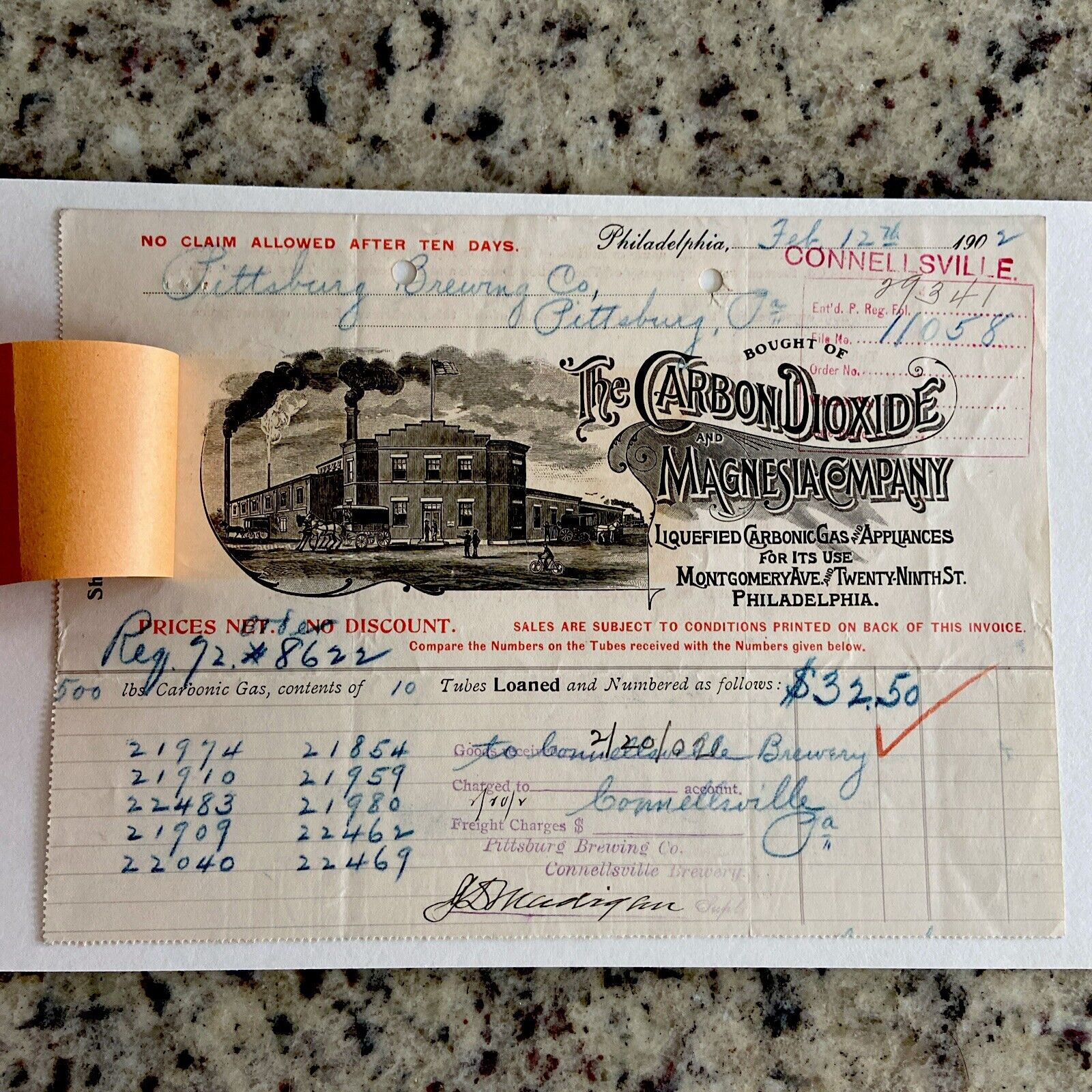 Rare 1902 Carbon Dioxide Magnesia Co Letterhead Invoice CONNELLSVILLE BREWERY PA