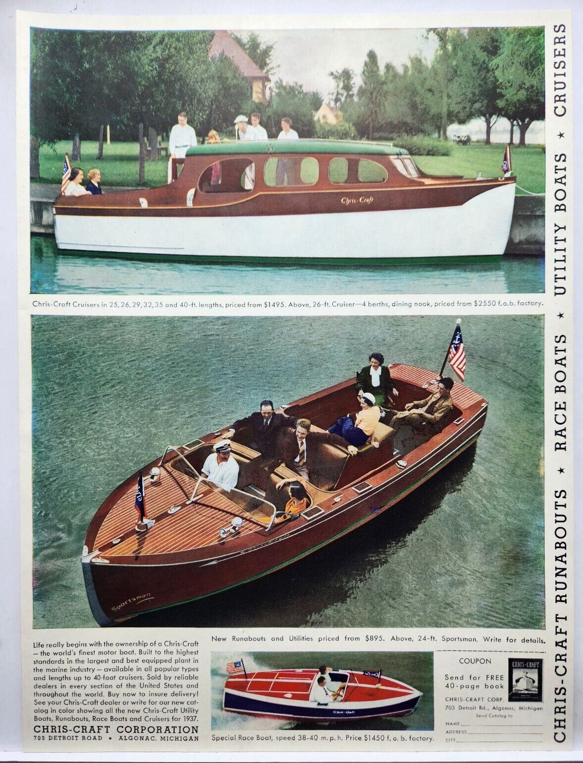 1937 Chris Craft Boats Cruisers Runabout Sportsman Print Ad Poster Algonac MI
