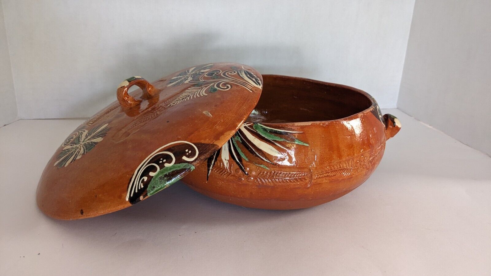 Mexican Red Clay Covered Bowl Pot Handpainted
