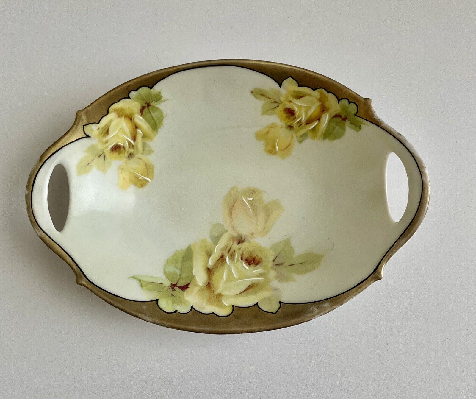 Antique Bavarian Trinket Dish With Yellow Roses And Gold Trim