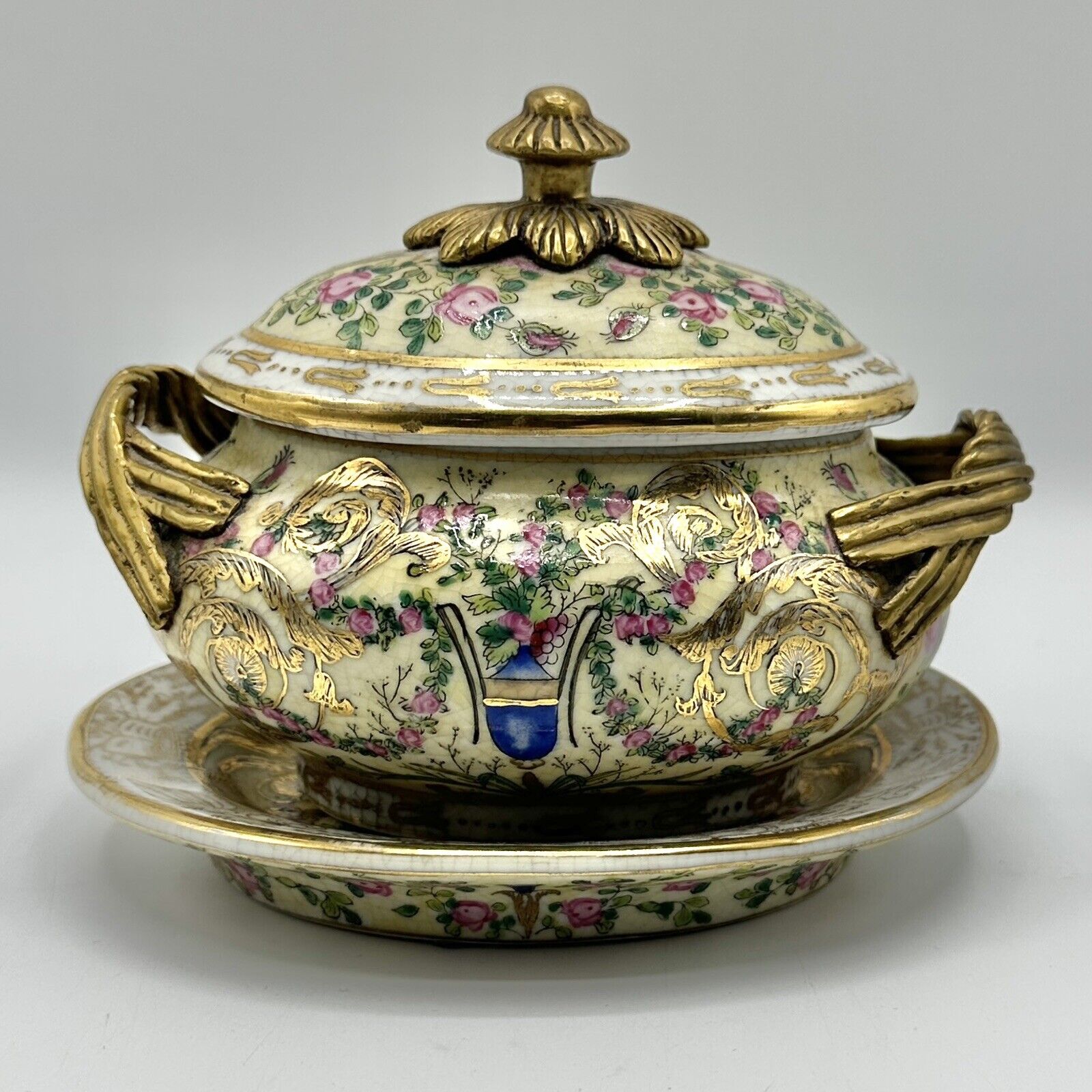 Vintage United Wilson 1897 Porcelain & Brass Decorative Lidded Jar w/Saucer/cb