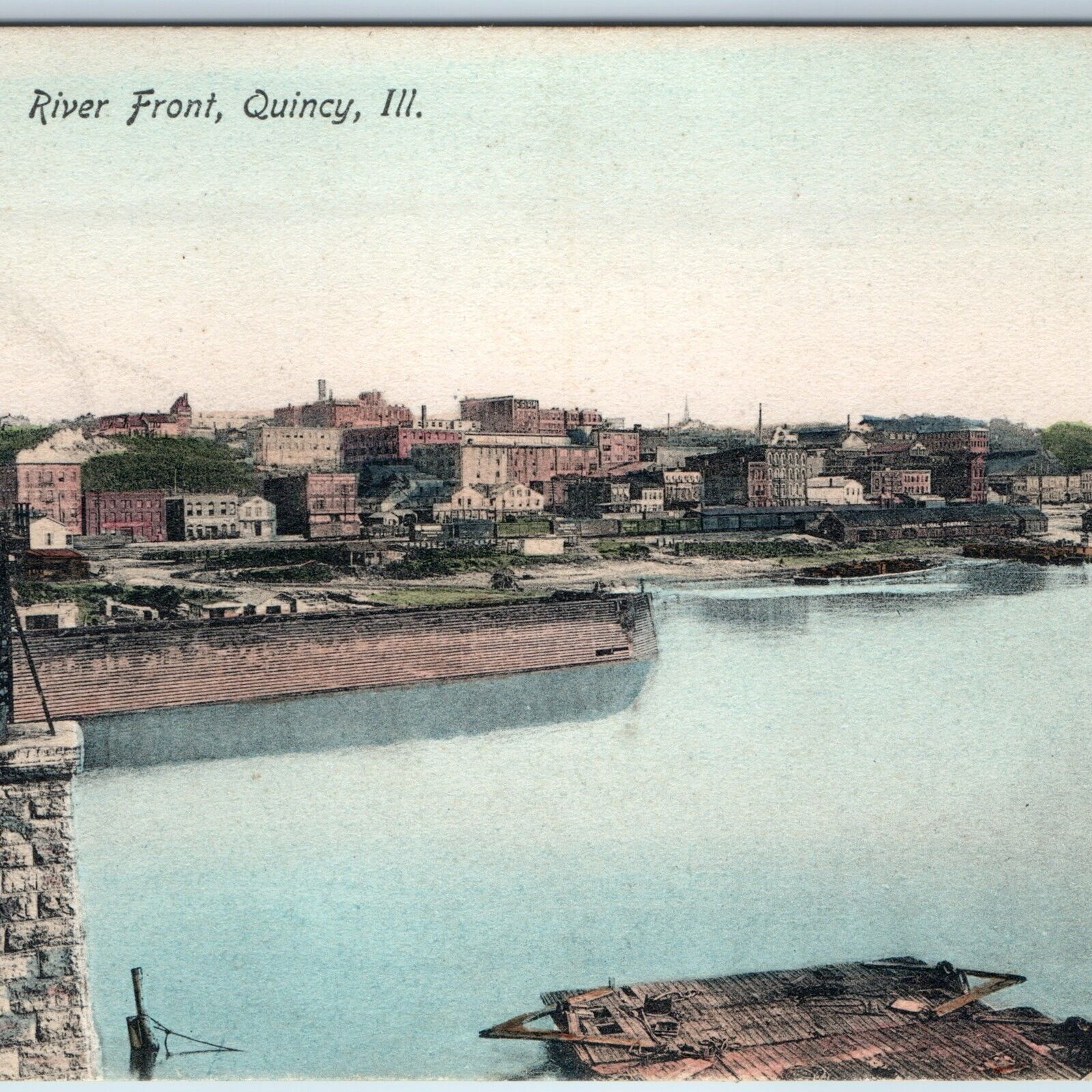 c1910s Quincy, IL River Front Railway Bridge Hand Colored AH Figgen Coal PC A215
