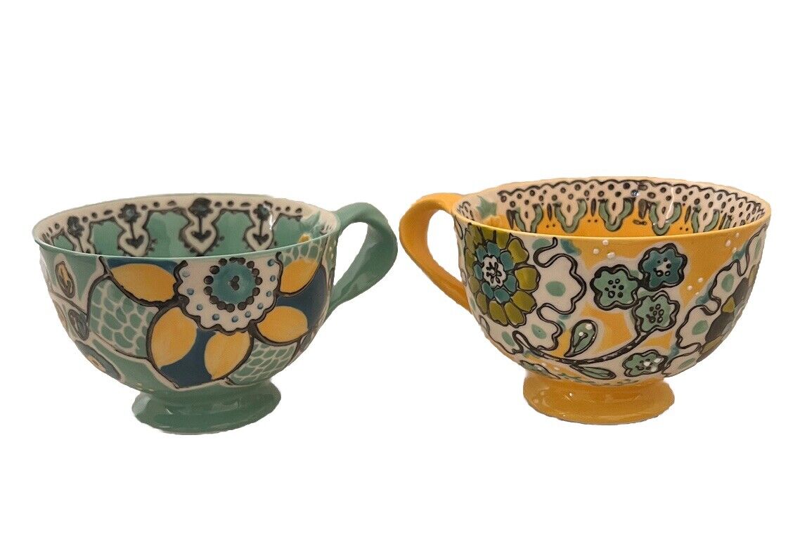 Pair (2) Anthropologie Elka Ayaka Twisted Handle Large Footed Mugs Cups