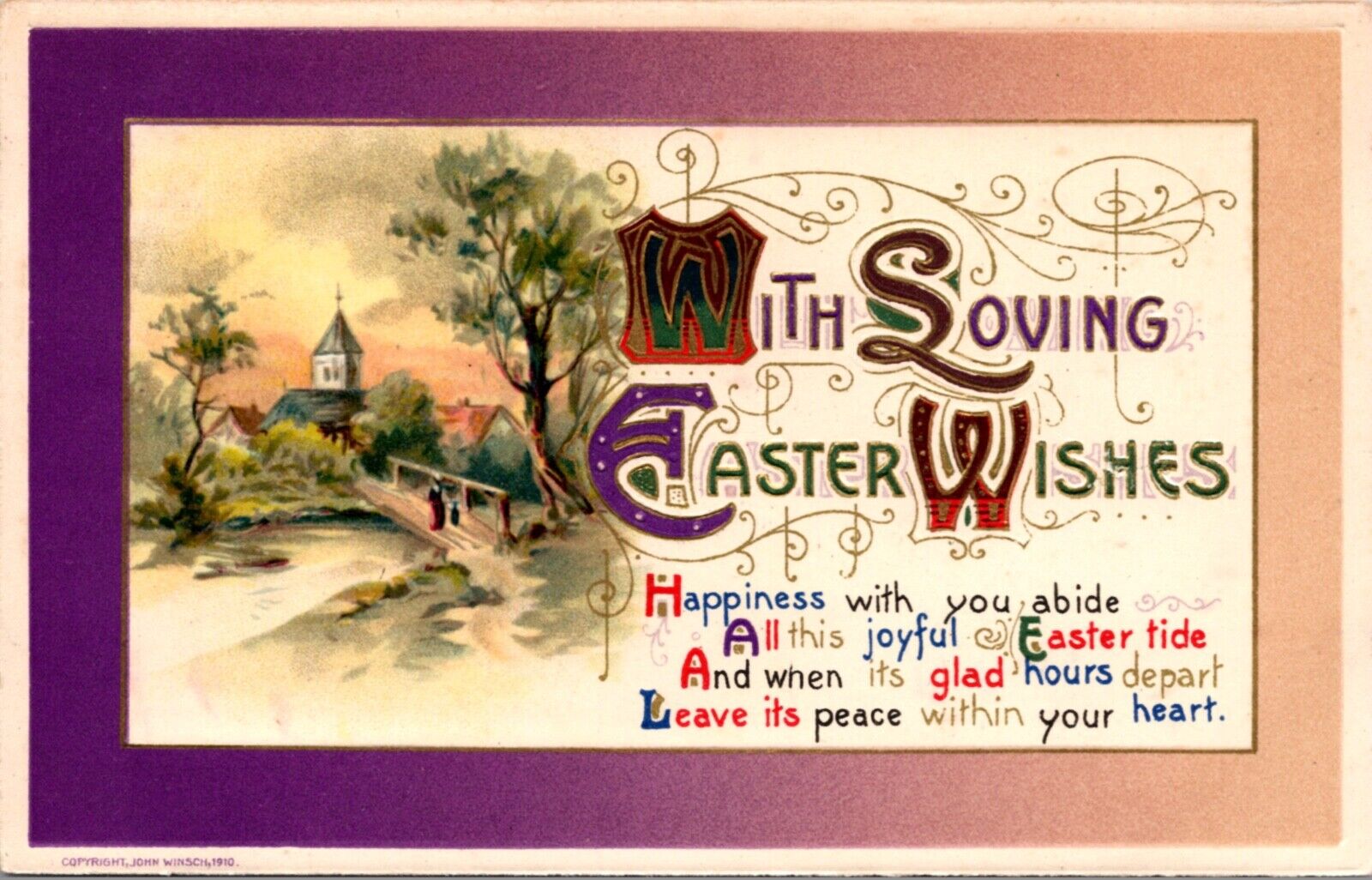 1910 Postcard Religious Easter Tide Wishes Church Landscape