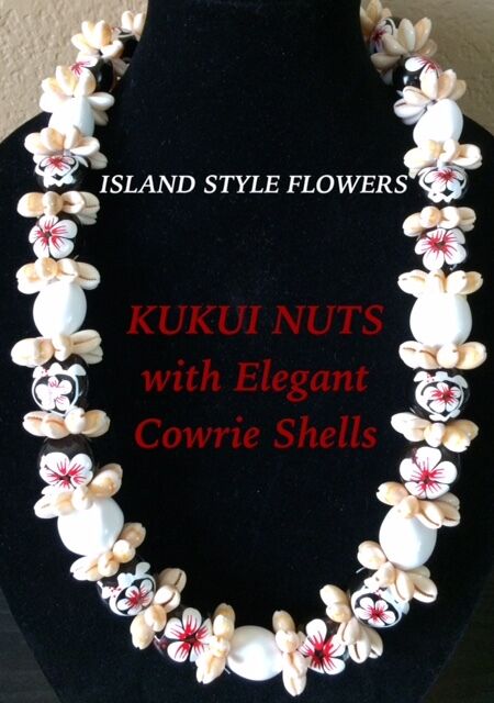 Hawaii Wedding Kukui Nut Lei w/ Cowrie Shell Graduation Luau Necklace-White