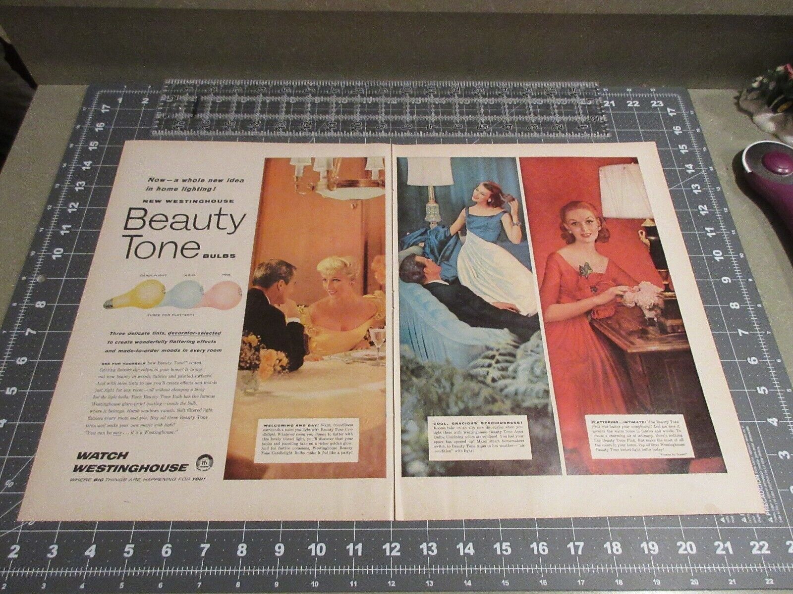 Vintage 1956 Westinghouse Beauty Tone Bulbs Fancy Woman 2-Page Print Ad