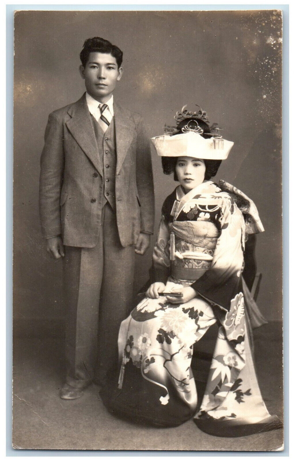Postcard Japanese Wedding Kimono American Suit c1940\'s RPPC Photo Unposted