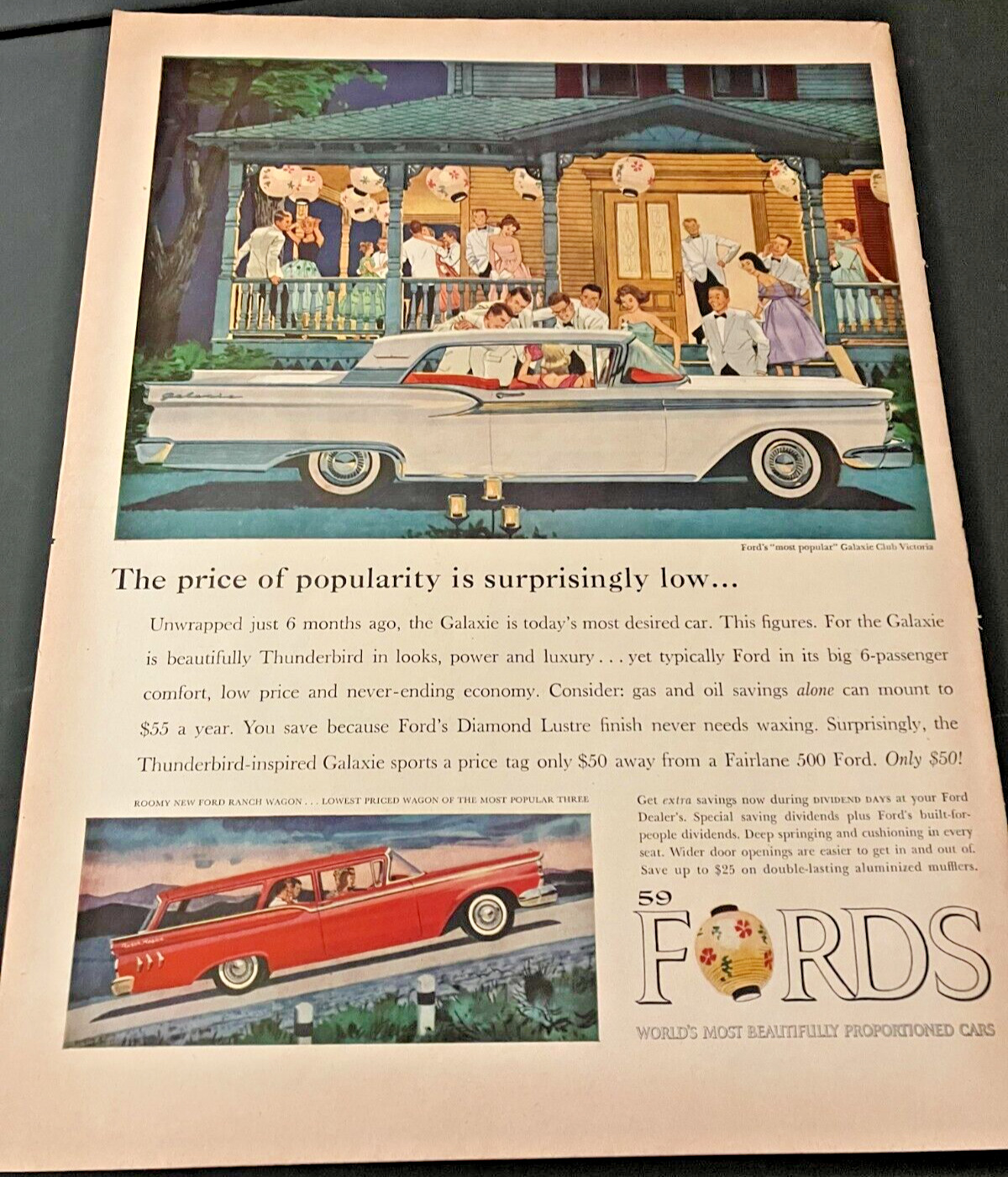 1959 Ford Galaxie Club Victoria - Vintage Original Automotive Print Ad Wall Art