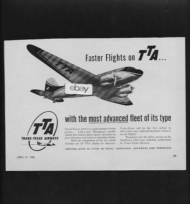 TTA TRANS TEXAS AIRWAYS 1958 DOUGLAS DC-3 MOST ADVANCED FLEET MAXIMIZER AD