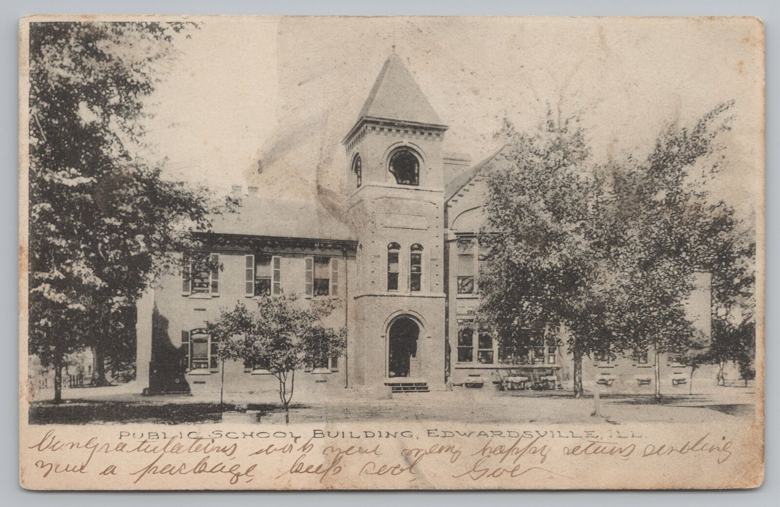 Edwardsville Illinois~Public School Building~Bell Tower~c1905 B&W Postcard