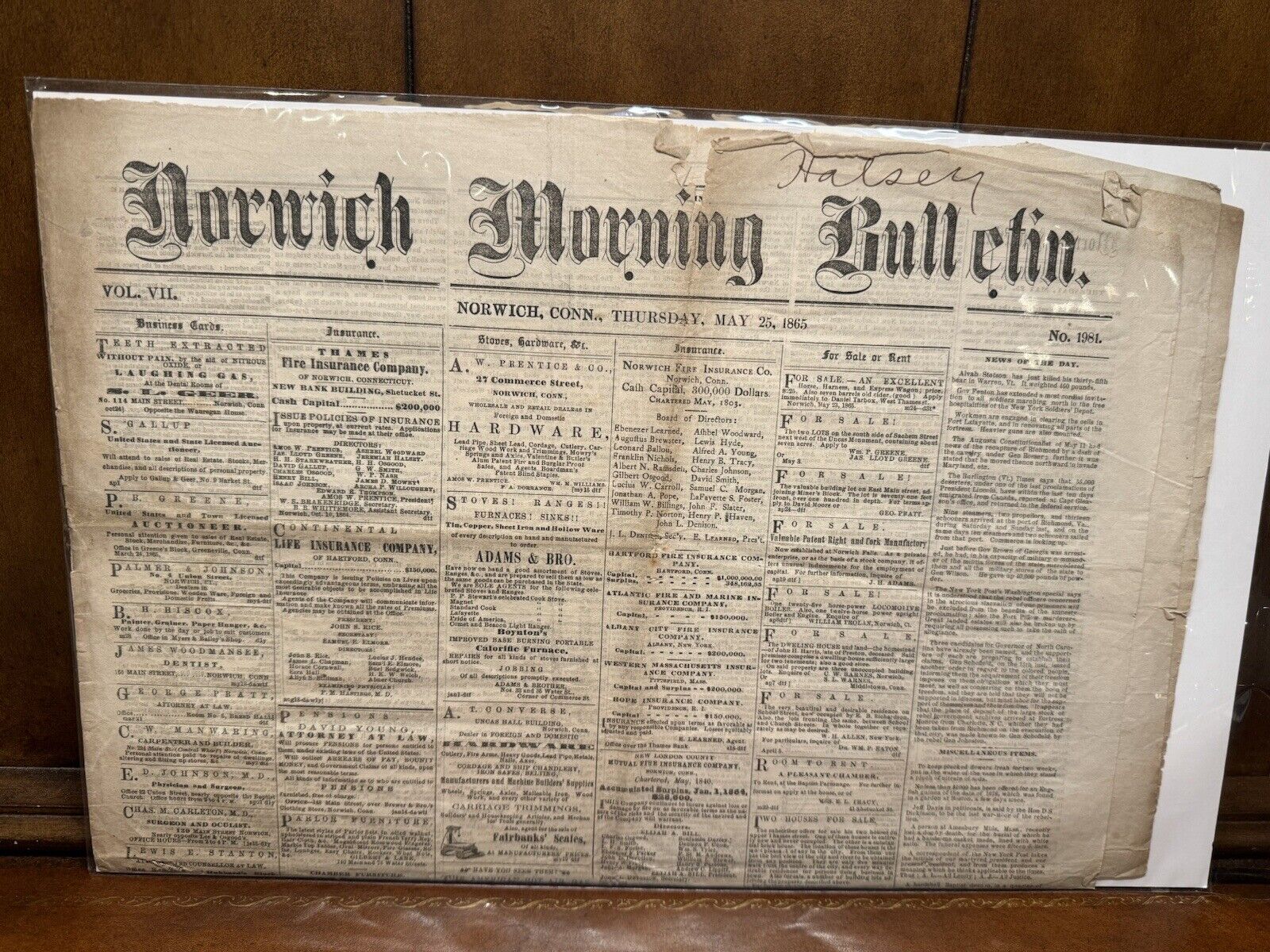 NORWICH MORNING BULLETIN NEWSPAPER -May 25th 1865 Civil War Era Halsey Signed