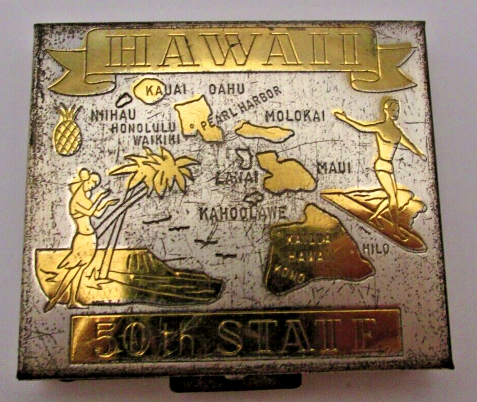 Vintage Hawaii 50th State Islands Compact Makeup Powder Mirror Pearl Harbor 3\