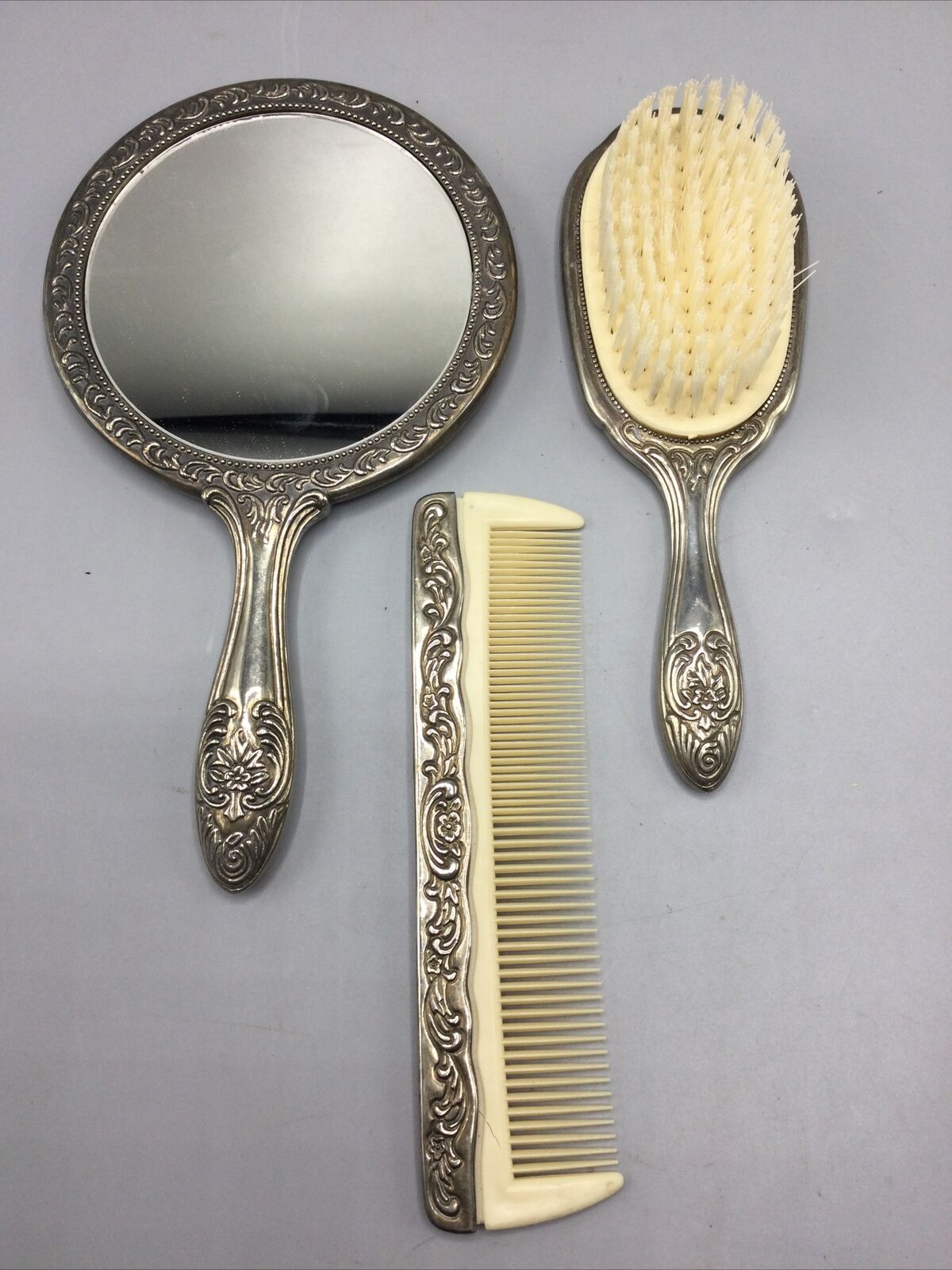 Vintage Antique Silver Plated Handheld Mirror, Brush, Comb