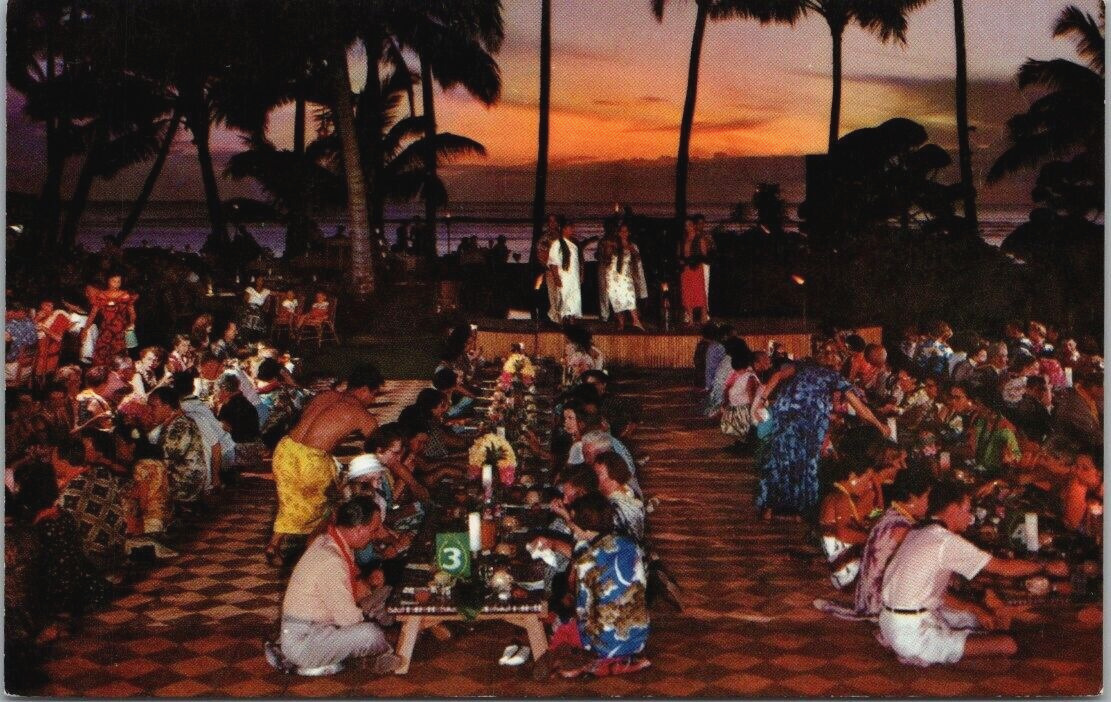 c1960s Sunset Queen\'s Surf Hawaii Luau Dancers Perform Pastel Sky Palm Trees UNP