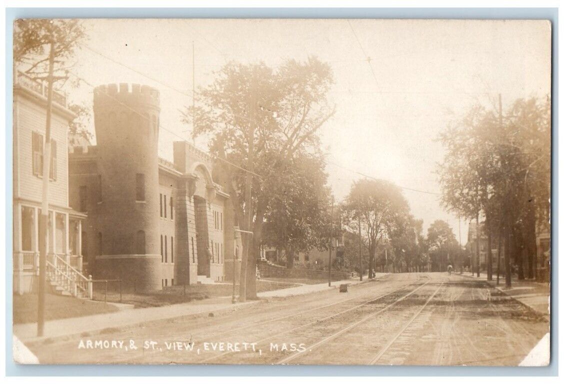 c1910\'s Armory & Street View Everett Massachusetts MA RPPC Photo Postcard