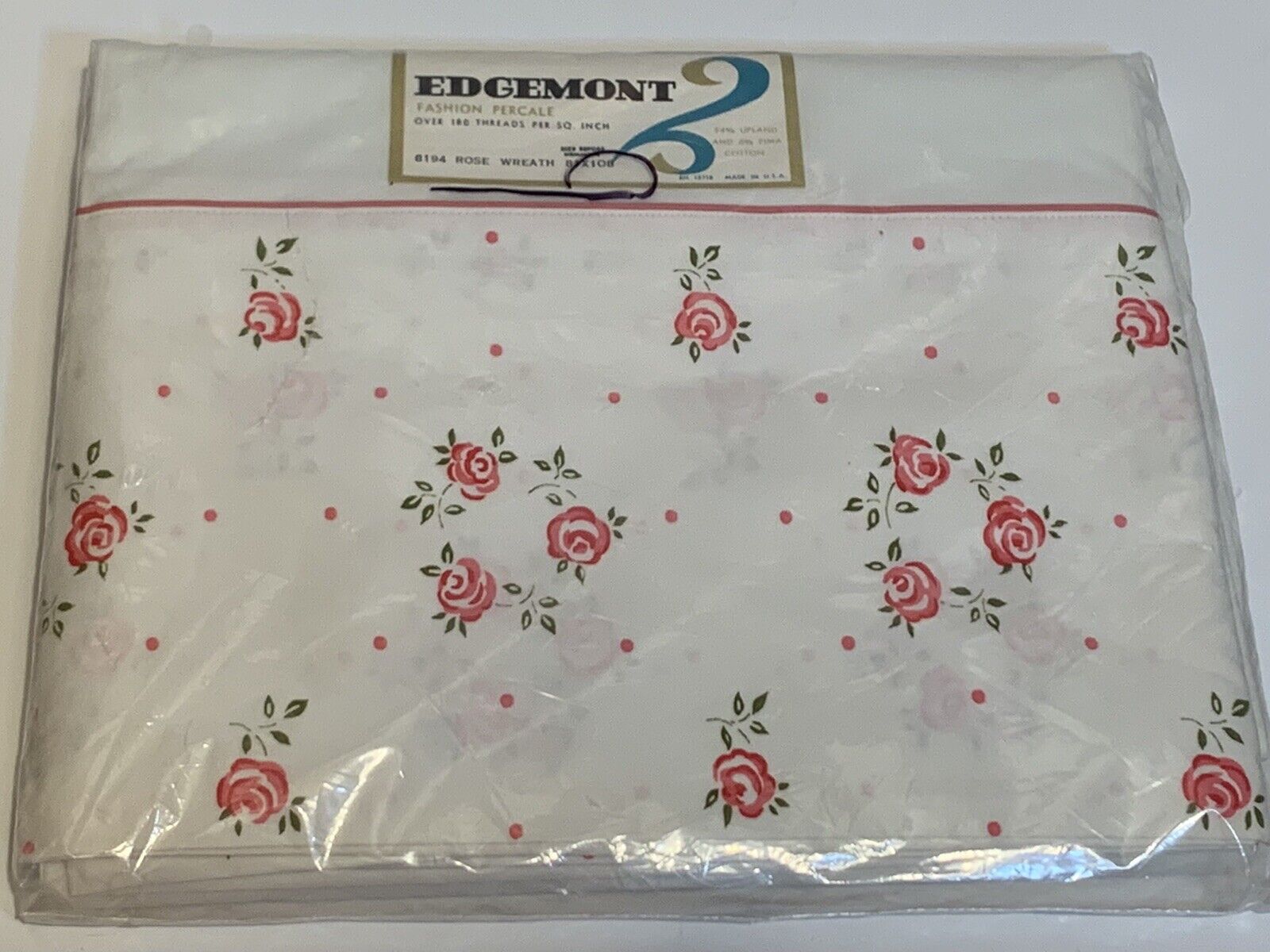 Vintage Edgemont Sheet Fashion Percale Rose Wreath 81 x 108 Before Hemming NOS