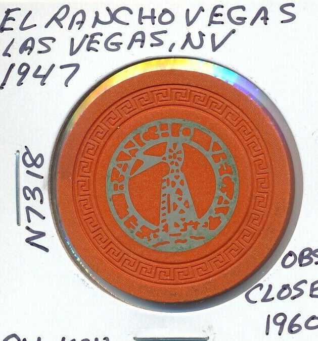 $5 CASINO CHIP -EL RANCHO VEGAS LV NV 1947 SM-KEY #N7318 DIECUT METALINSERT OBS.