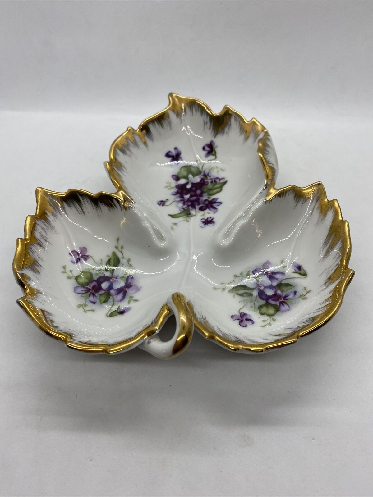 Vtg  Kelvin Fine China Leaf Shaped Dish Hand Painted Gold Trim & Purple Florals