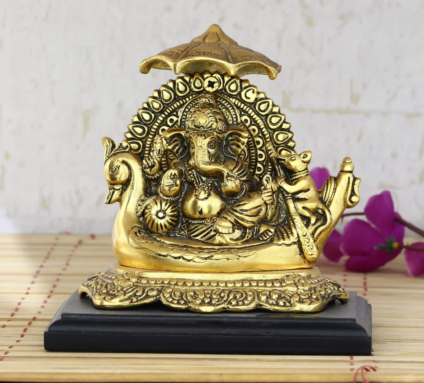 Golden Lord Ganesha Sitting on Swan Throne- A Majestic Symbol of Divine Blessing