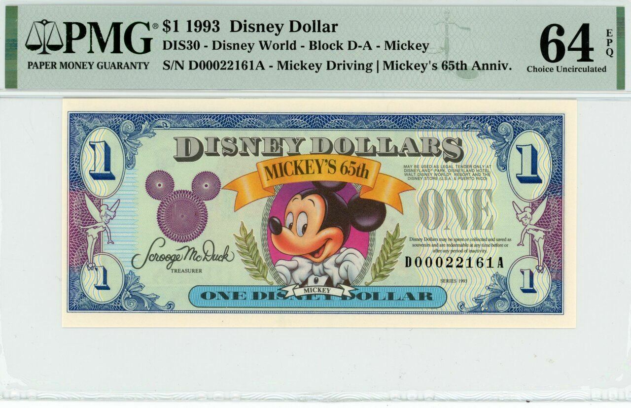 1993 $1 Disney Dollar Mickey 65th Anniv. PMG 64 EPQ (DIS30)