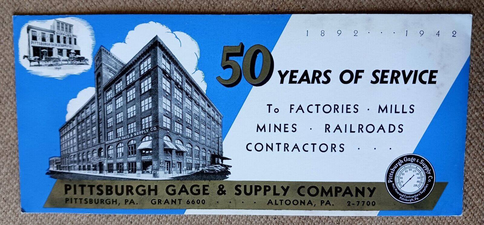 Vintage 1942 PITTSBURGH GAGE AND SUPPLY CO. ADVERTISING BLOTTER Altoona 50 Years