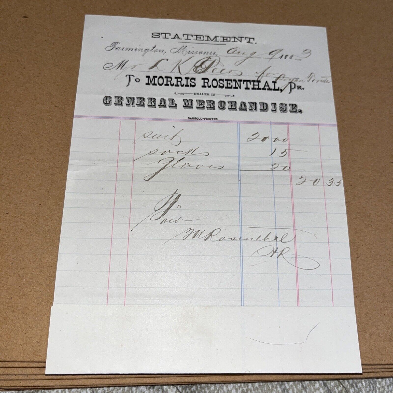 1883 Antique Letterhead: Morris Rosenthal Farmington Missouri Democrat Selectman