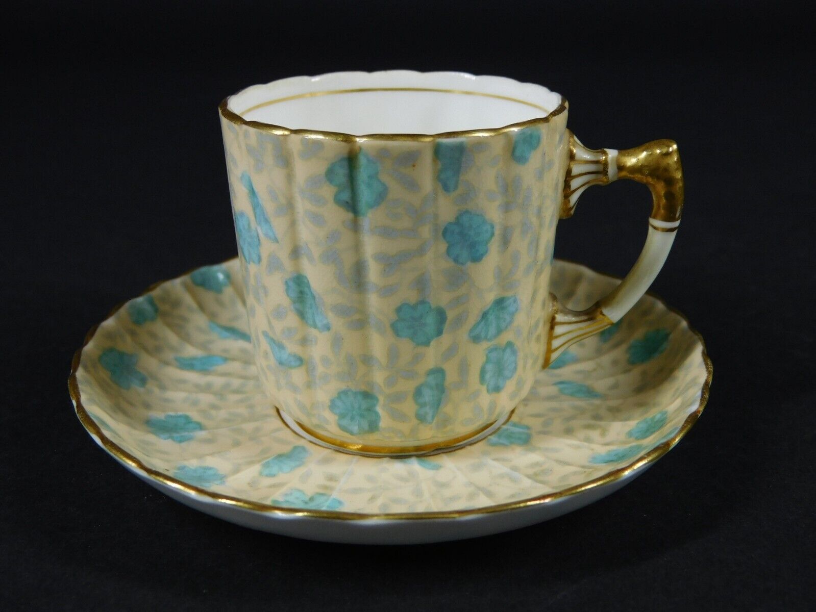 Antique Aynsley Rare Early Mark English Fluted Floral Demitasse Cup & Saucer
