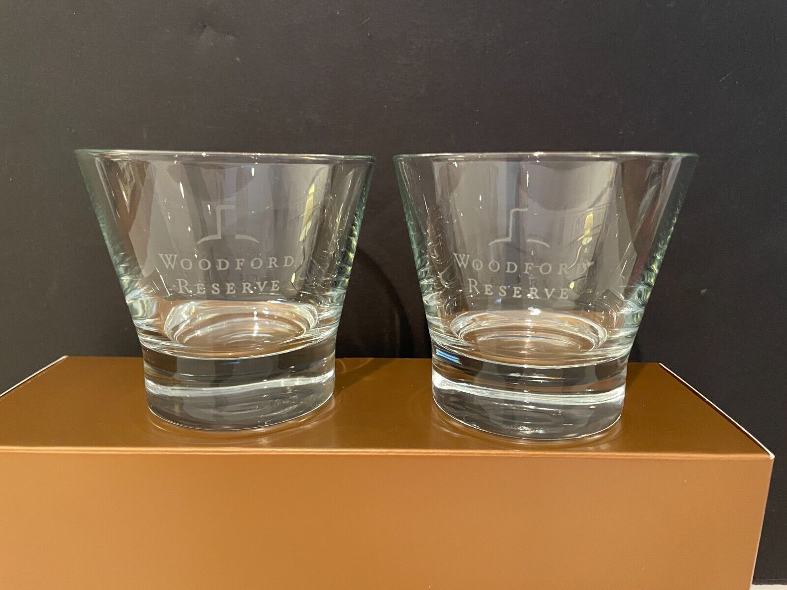 Two (2) Etched Woodford Reserve Bourbon Whiskey Rocks Glasses - Wide Mouth