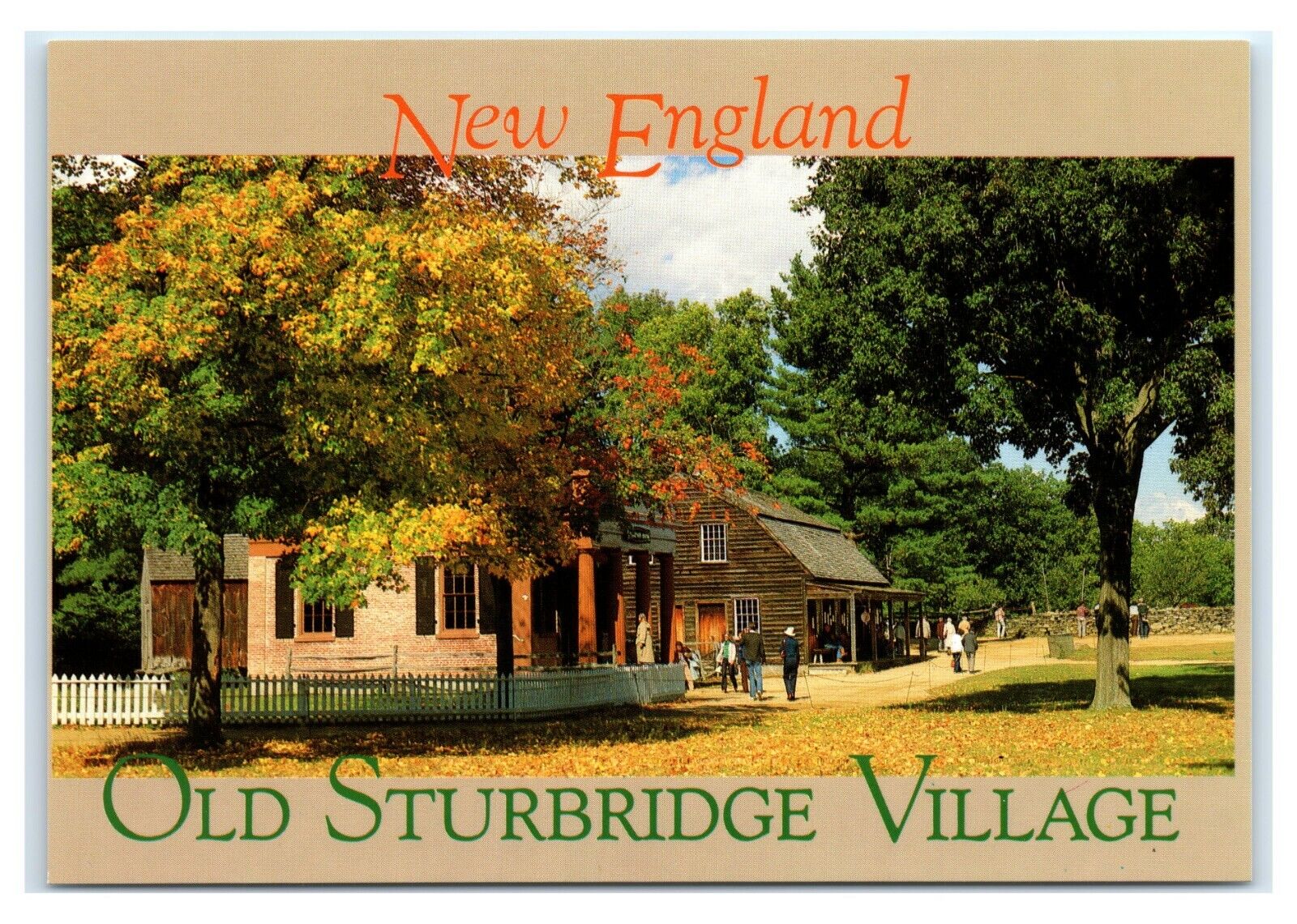 Postcard Old Sturbridge Village, MA fall leaves on ground K76