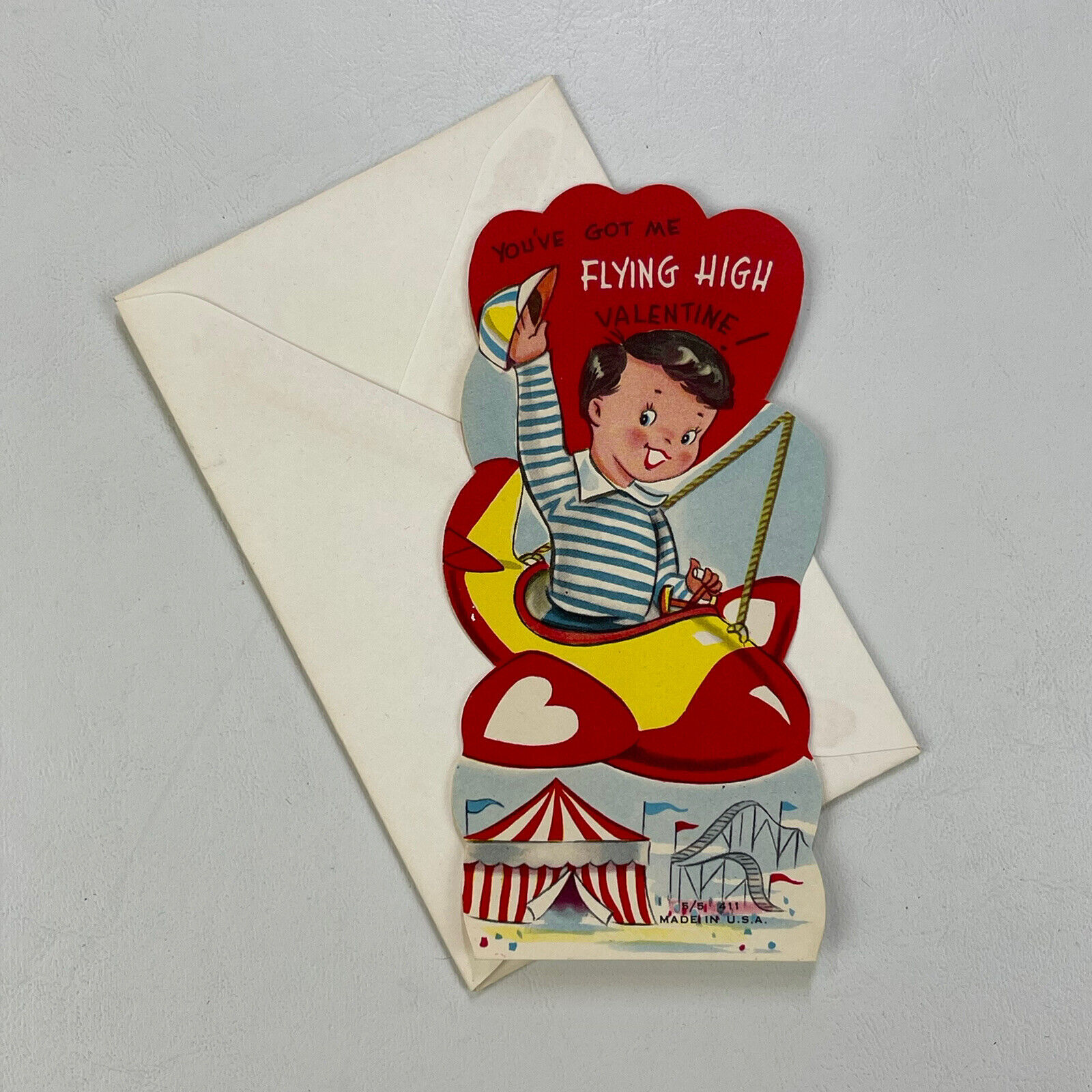 Vtg Valentine Card Die Cut Airplane Amusement Park  Little Boy Tent