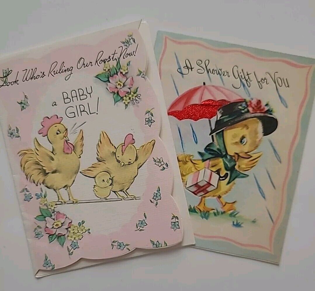 2 Vtg 1942 CHICKS BABY GIRL RULING OUR ROOST Announcement  & SHOWER Gift CARDS