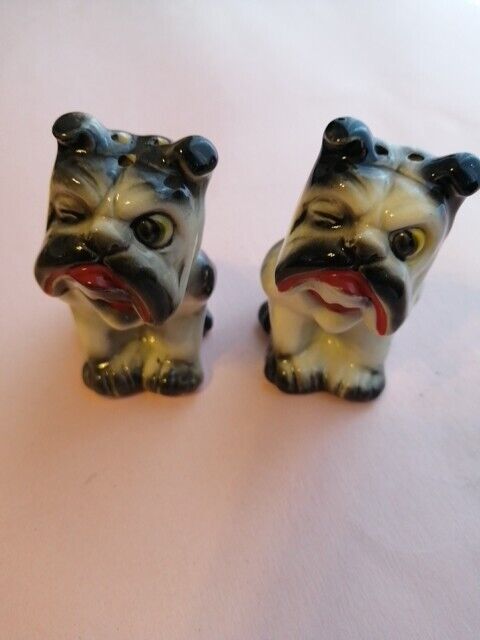 VTG Kitschy Ceramic French Bulldogs Salt Pepper Shakers Japan Red Collar Mouth 