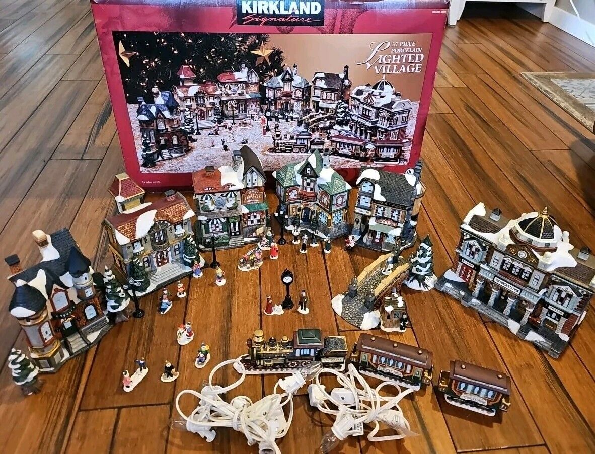 Kirkland Christmas Village 37 Piece Porcelain Lighted With Box  Vintage 