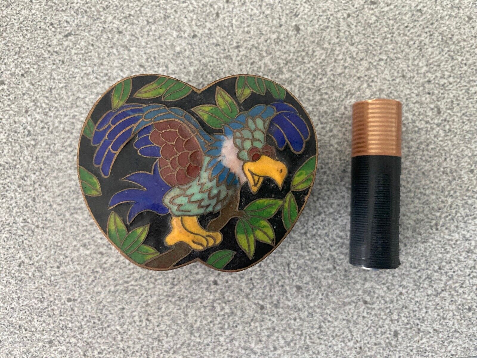 Vintage Chinese Apple Shaped 2 3/8” Cloisonné Pill Trinket Box w/Raised Bird