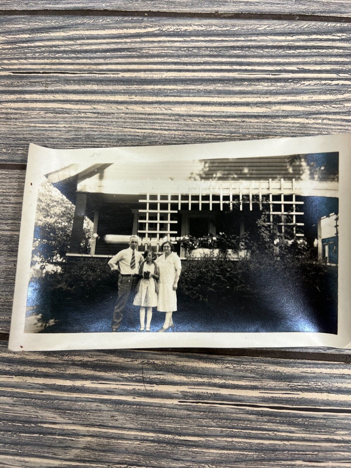 Vintage Photograph Family in Front of Trellis House Black & White 4x6