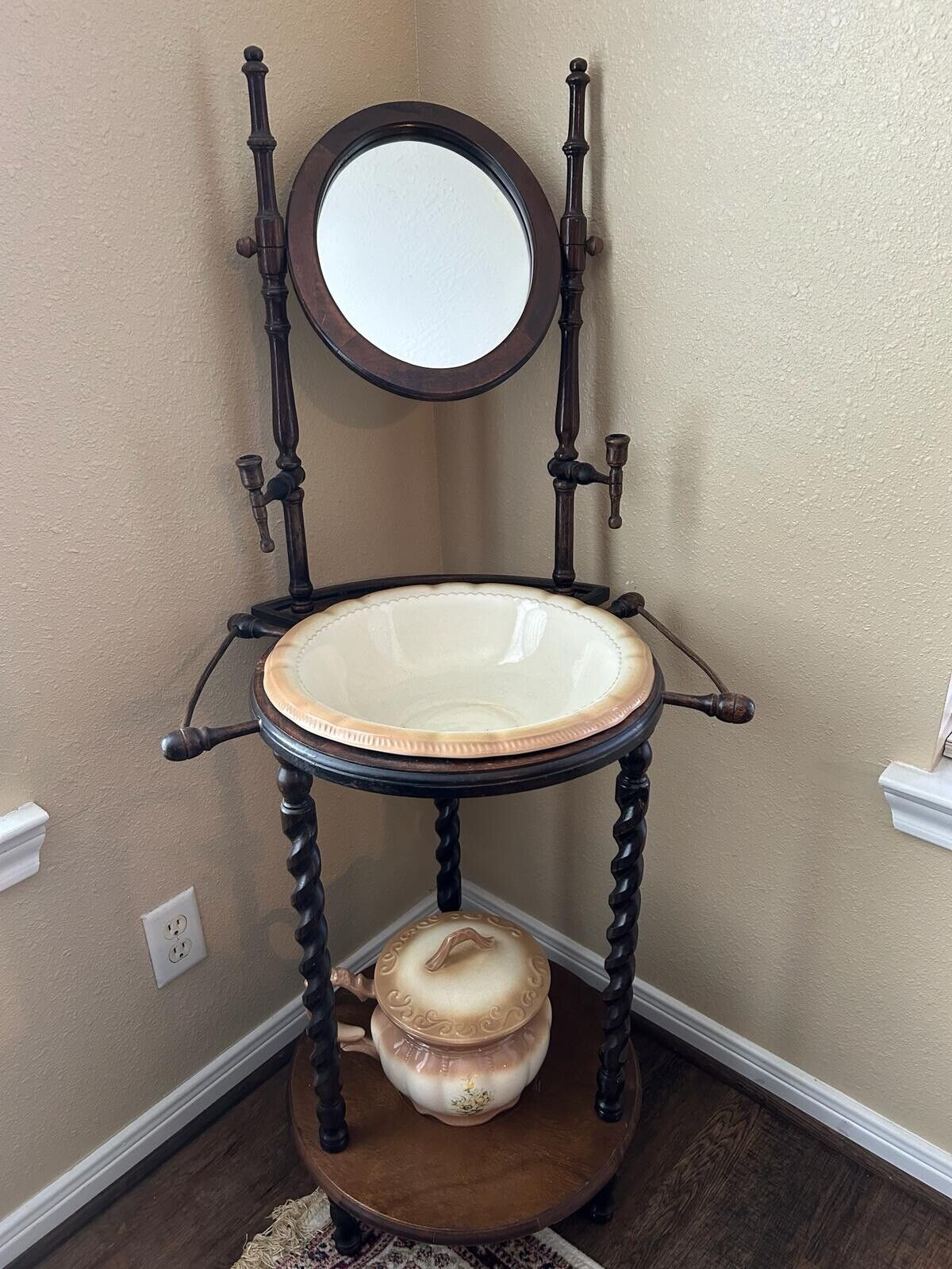 Antique 1879 Victorian English Wash Basin and Pitcher with Wood Stand and Mirror