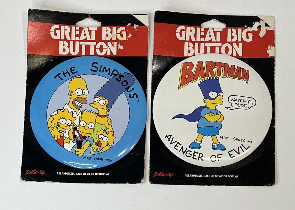 Vintage 1989  Simpsons Buttons Bartman & The Simpsons Great Big Buttons (2) Two