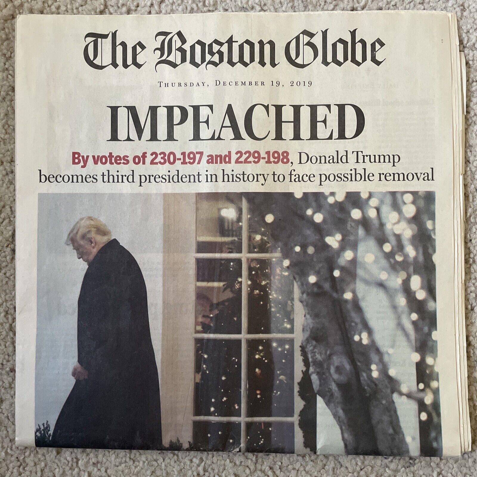 Boston Globe Newspaper  12/19/2019 Trump IMPEACHED Complete Paper