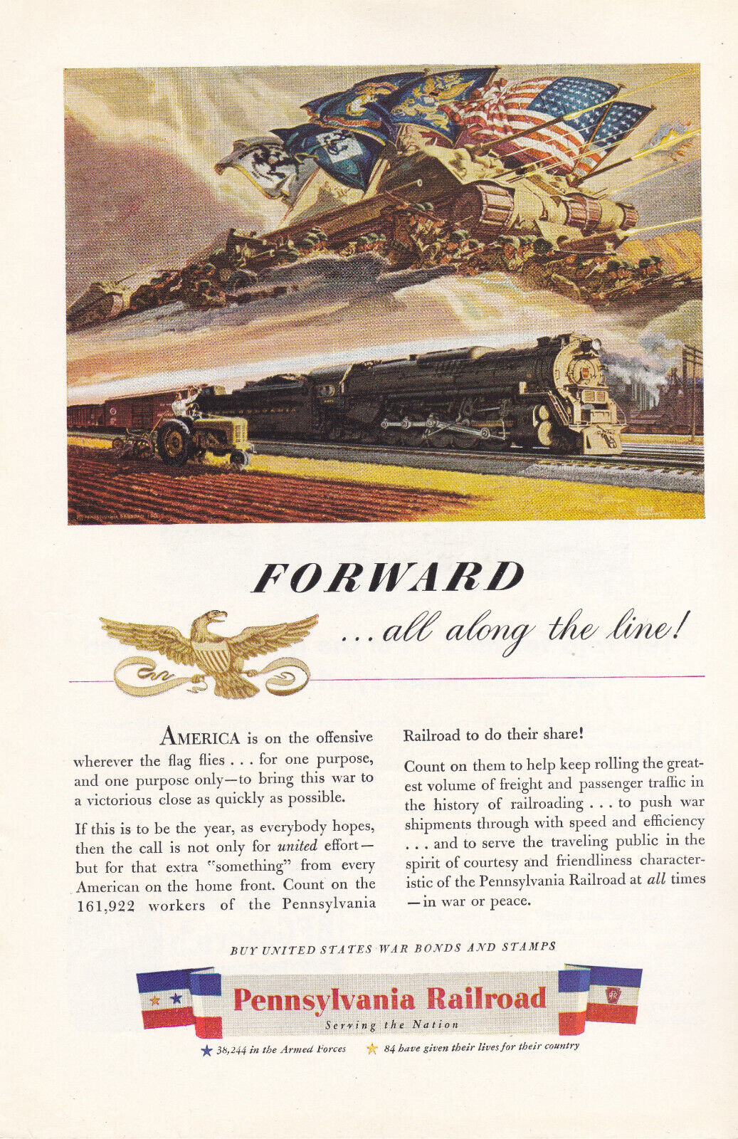1944 Pennsylvania Railroad Print Ad Buy War Bonds WW2 America on the Offensive