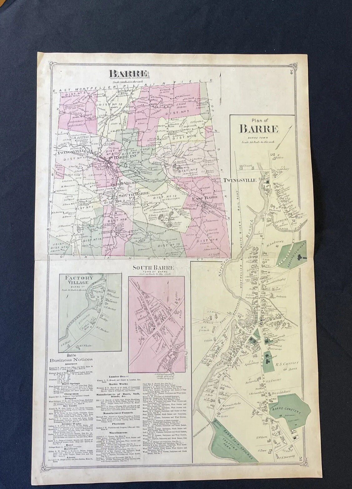 1873 Antique Barre Vermont Color Map VT F.W. Beers