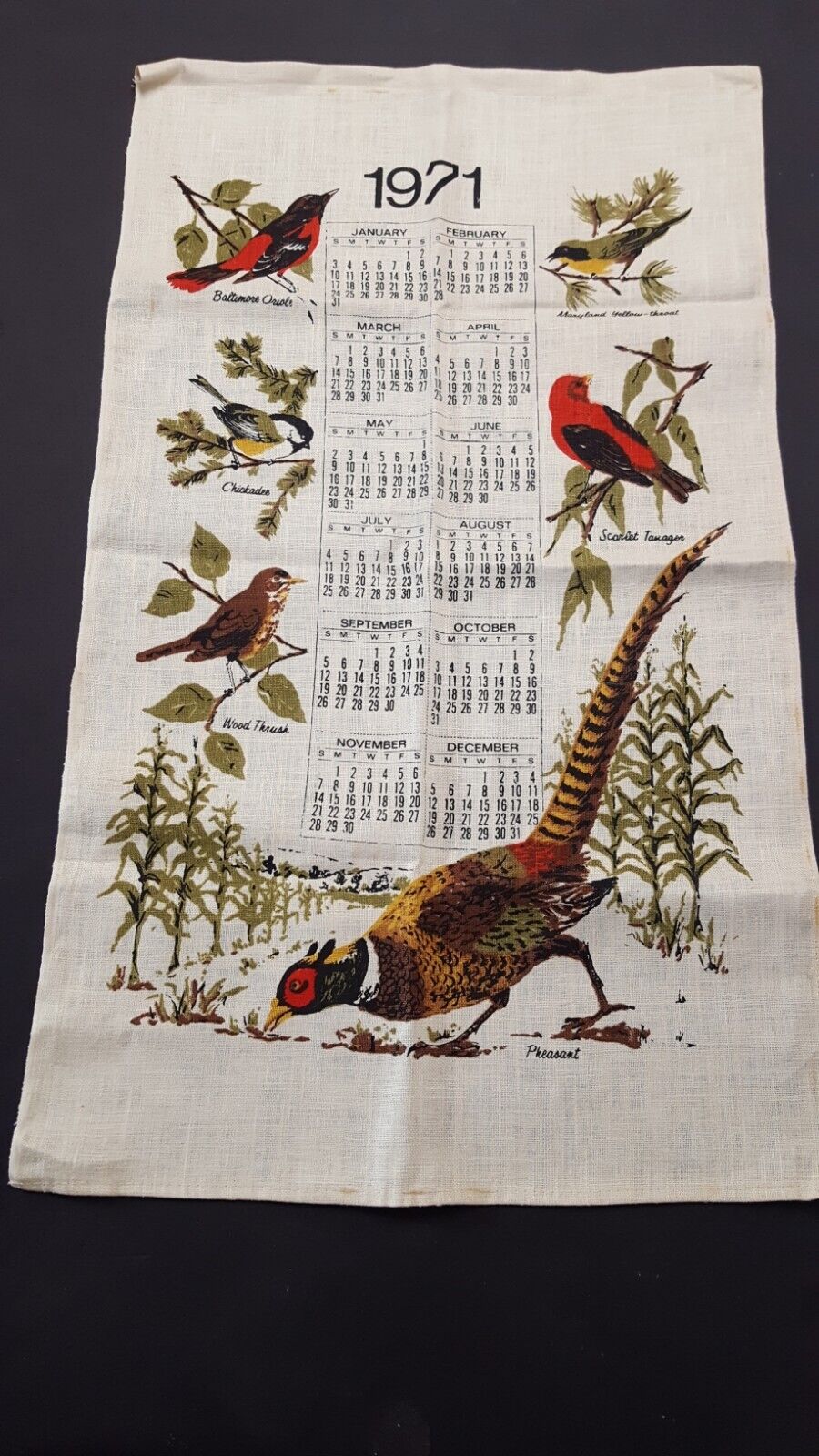 Vtg 1971 Hanging Calendar Kitchen Tea Towel Linen Mid Century Birds 250