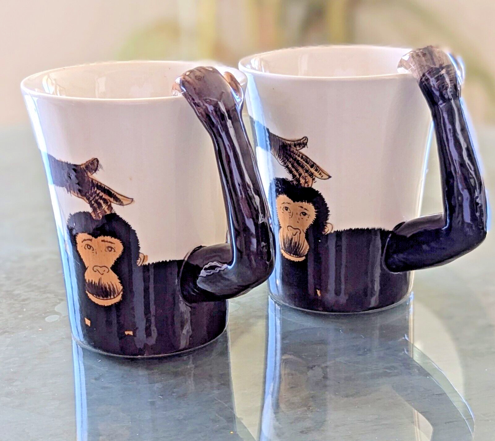 Pair of PIER 1 IMPORTS Monkey/Chimp 3D Arm Handle Coffee/Tea Mugs