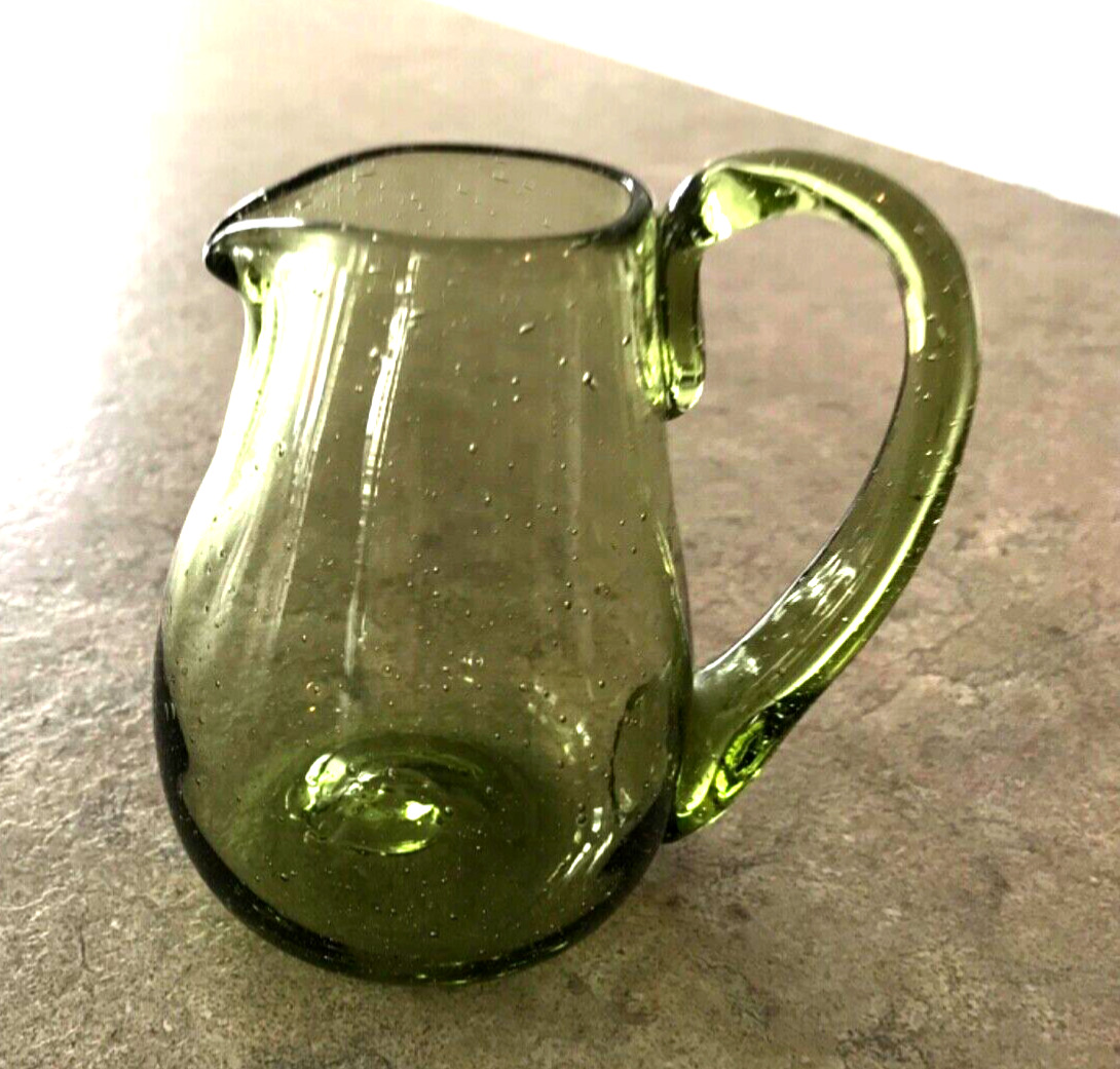 Vintage Small Green Decorative Glass Pitcher w/ Applied Handle & Pontil