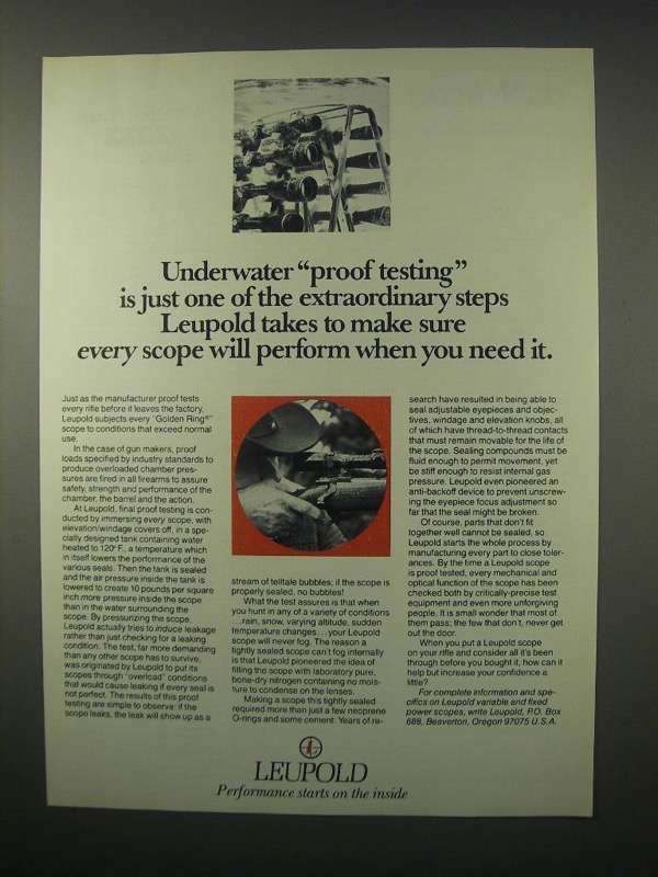 1980 Leupold Scopes Ad - Underwater Proof Testing