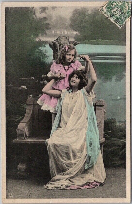 Vintage 1907 Swiss Greetings RPPC Postcard Mother & Daughter /Hand-Colored Photo