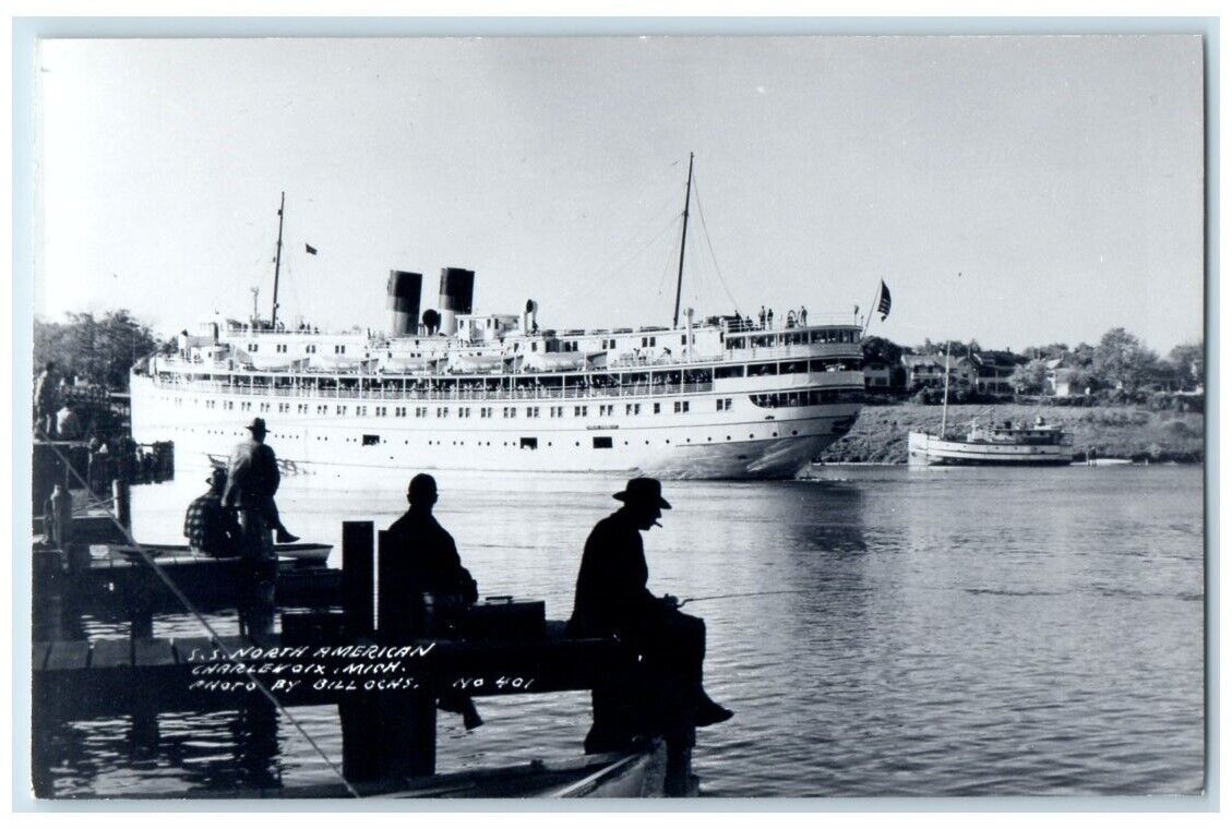 c1940's SS North American Steamer Fishing Charlevoix MI RPPC Photo Postcard