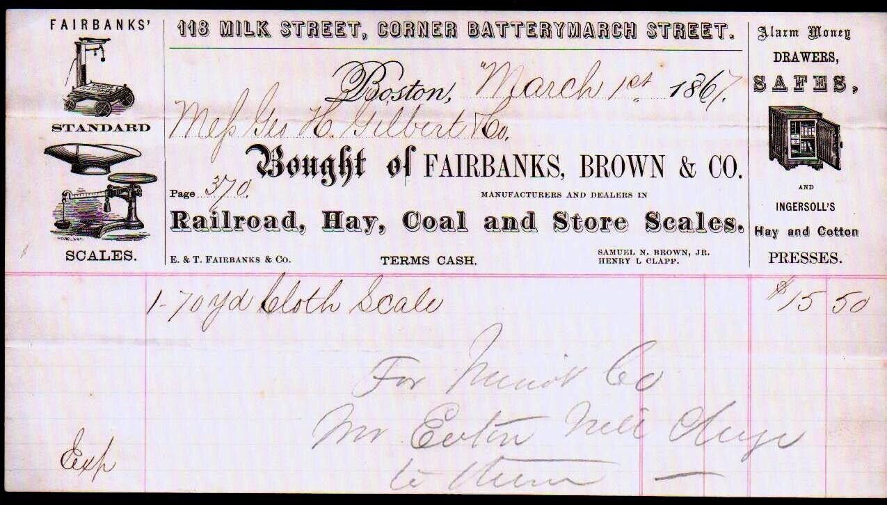1867 Boston - Fairbanks Brown & Co - Railroad Hay Coal Scales - Letter Head Bill